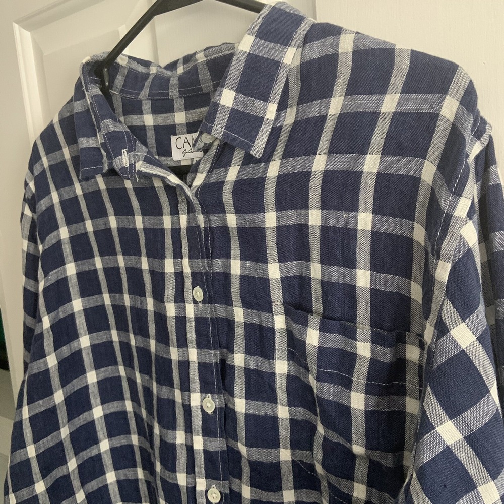 Linen Blue White Check Button up Shirt  Pkt Camixa by Celina Di Pisa Sz XXL - Picture 3 of 12